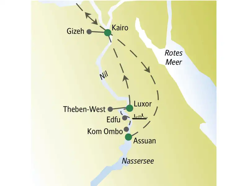 Bei unserer me & more-Reise für Singles und Alleinreisende nach Ägypten präsentieren wir ihnen neben der Hauptstadt Kairo auch Assuan und Luxor. Besonders schön: drei Nächte auf einem Kreuzfahrtschiff auf dem nil