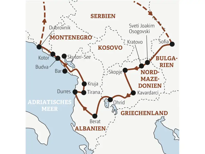 Reiseverlauf der Bulgarien, Nordmazedonien, Albanien und Montenegro Marco Polo Entdeckerreise.
