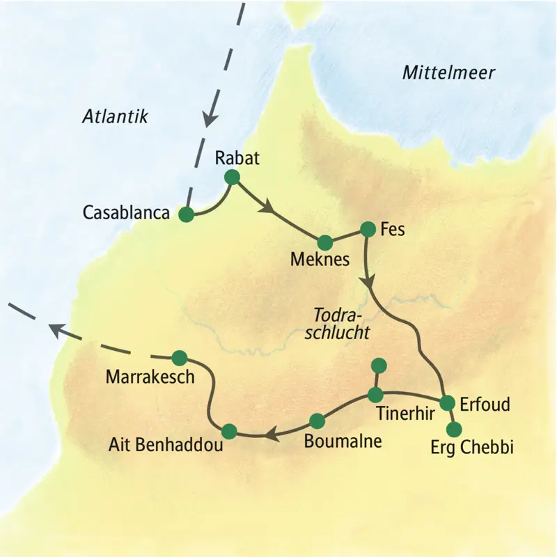 Auf unserer Reise zu den Höhepunkten Marokkos sehen wir die Königsstädte Rabat, Meknes, Fes und Marrakesch, erleben die Sanddünen der Sahara beim Erg Chebbi und fahren entlang der Straße der Kasbahs.