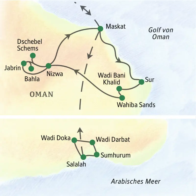 Unsere Reiseroute durch den Oman startet in Maskat, führt u.a. nach Salalah und Nizwa.