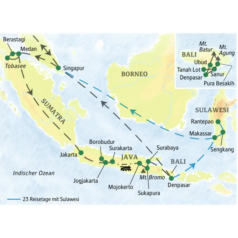 Unsere Reiseroute der Studienreise durch Indonesien startet auf Sumatra, führt über Java und Bali bis nach Sulawesi.