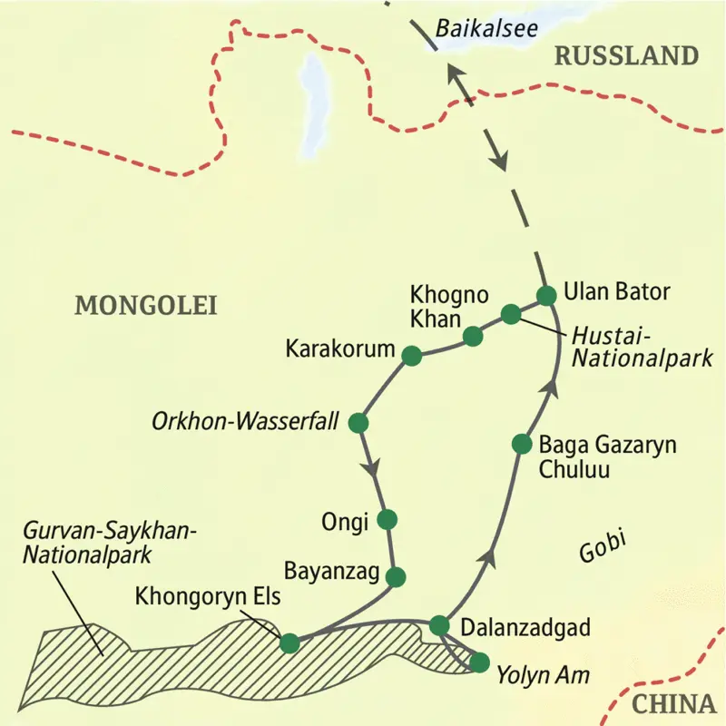 Unsere Reiseroute durch die Mongolei startet in Ulan Bator, führt über Karakorum und Ongi bis in den Nationalpark Gurvan-Saykhan und über Dalanzadgad, Baga Gazaryn Chuluu zurück in die Hauptstadt.