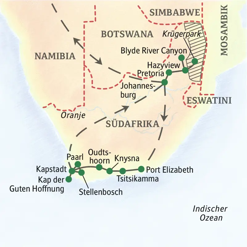 Unsere Reiseroute durch Südafrika startet in Johannesburg und führt uns nach Hazyview, in den Krüger-Nationalpark, nach Port Elizabeth und Knysna bis nach Kapstadt.