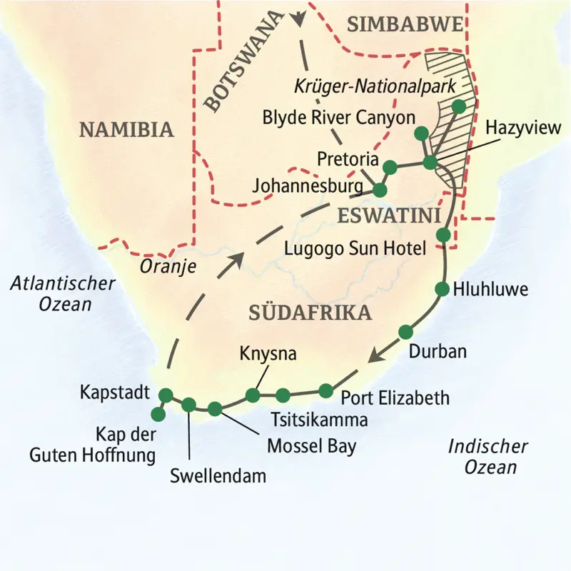 Unsere Reiseroute durch Südfrika startet in Johannesburg und führt über den Krüger-Nationalpark, Pretoria, Hazyview, Durban und Mossel Bay bis nach Kapstadt.
