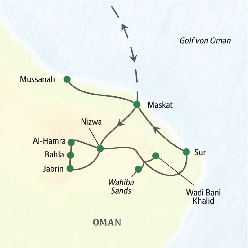Unsere Reiserouteim Oman begint in Maskat, und wir entdecken u.a. Nizwa und Mussanah.