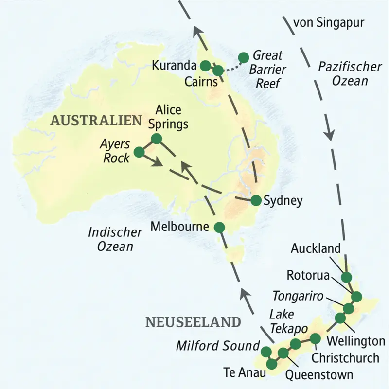 Unsere Reiseroute durch Australien beginnt in Auckland und führt über Rotorua, Christchurch, Milford Sound, Melbourne, Alice Springs und Sidney bis nach Cairns. Auf dieser Studienreise erleben wir auch eine Katamaranfahrt zum berühmten Great Barrier Reef.