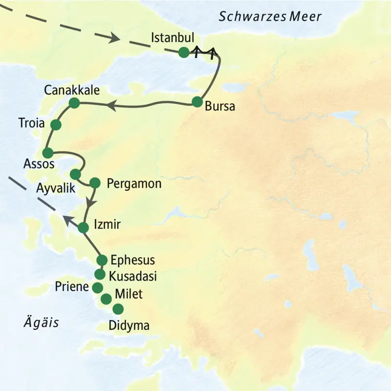 Diese Studienreise durch die Westtürkei startet in Istanbul und führt über Bursa, Canakkkale, Troia, Assos, Pergamon bis nach Izmir. Sie erleben außerdem Ephesus und Kusadasi.