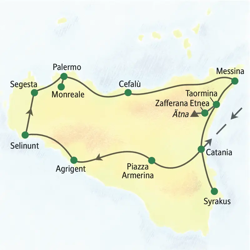 Unsere Reiseroute durch Sizilien startet in Catania und führt über Agrigent, Selinunt, Segesta, Palermo und Messina zurück zum Ausgangspunkt. auch bringt uns unser Bus hinauf zum Ätna.