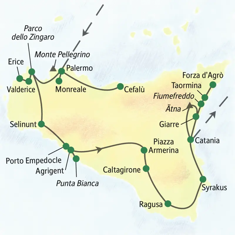Unsere Reiseroute durch Sizilien startet in Palermo und führt über Valderice, Selinunt, Agrigent und Syrakus bis nach Catania. Wir wandern auch am Ätna und durch die Berge bei Forza d'Agrò.