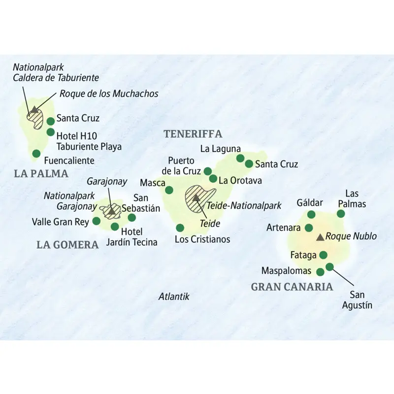 Unsere Reiseroute  führt Sie zu vier Inseln der Kanaren: Gran Canaria, Teneriffa, La Palma und La Gomera.