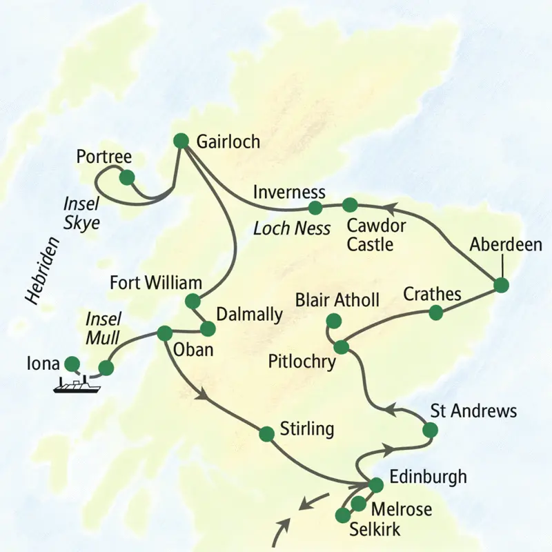 Unsere Reiseroute durch Schottland startet in Edinburgh, führt über St Andrews, Aberdeen, Gairloch, Fort William und Stirling zurück zu unserem Ausgangspunkt. Wir besuchen auch Nessi und die Insel Skye.