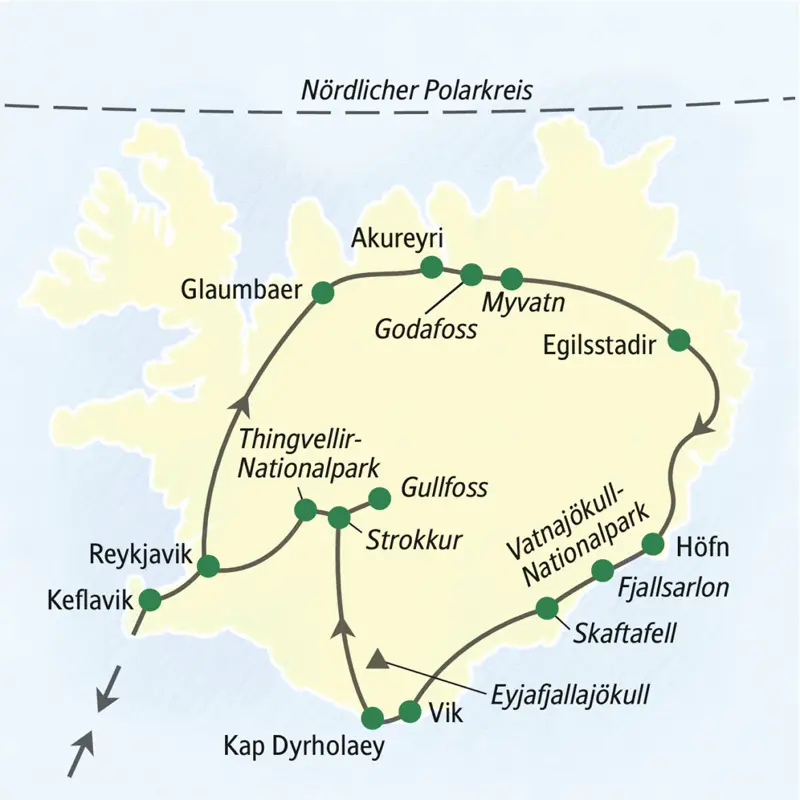 Die Reiseroute durch Island startet in Reykjavik und führt über Glaumbaer, Akureyri, Myvatn, Egilsstadir, Fjallsarlon und Kap Dyrholaey zurück in dieHauptstadt.