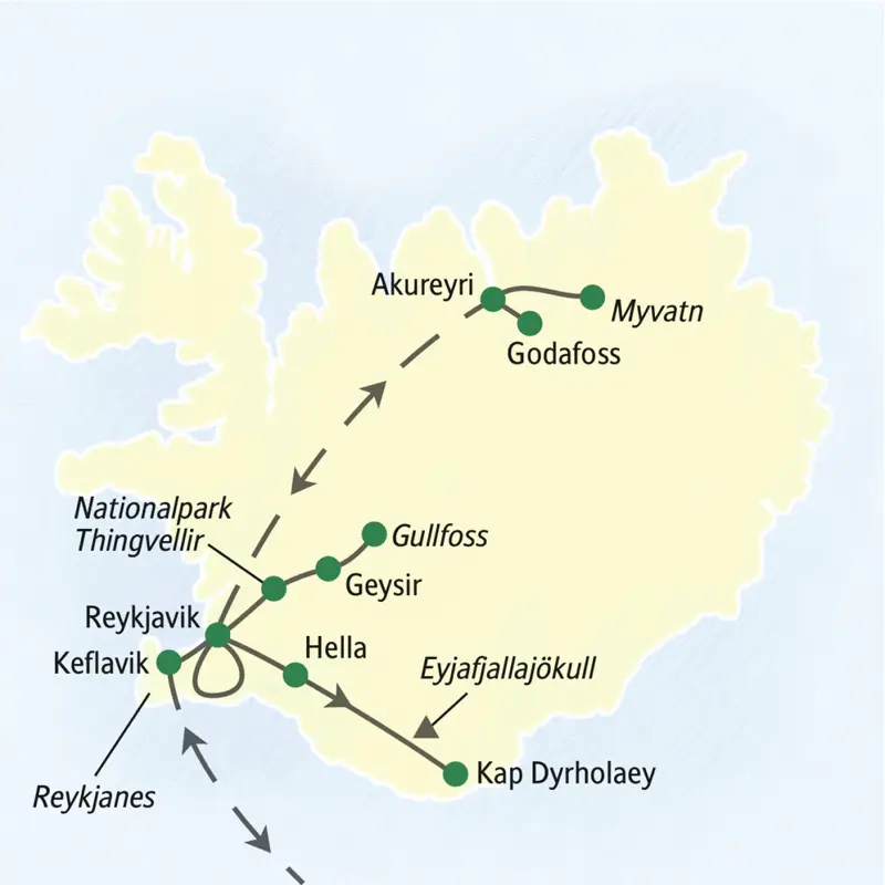 Unsere Reiseroute durch Island startet in Reykjavik und führt über Myvatn, Akureyri und Hella bis nach Keflavik. Wir erkunden auf dieser Studienreise auch die Halbinsel Reykjanes und den südlichsten Punkt Islands bei Dyrholaey.