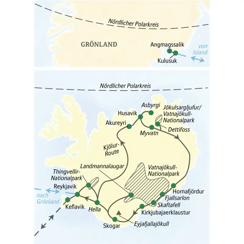 Island - die schönsten Wanderrouten der Insel in zwölf Tagen entdecken, mit Hochlanddurchquerung auf der Kjölur-Route - und einer Verlängerung mit Gruppe und Studiosus-Reiseleitung in Ostgrönland.