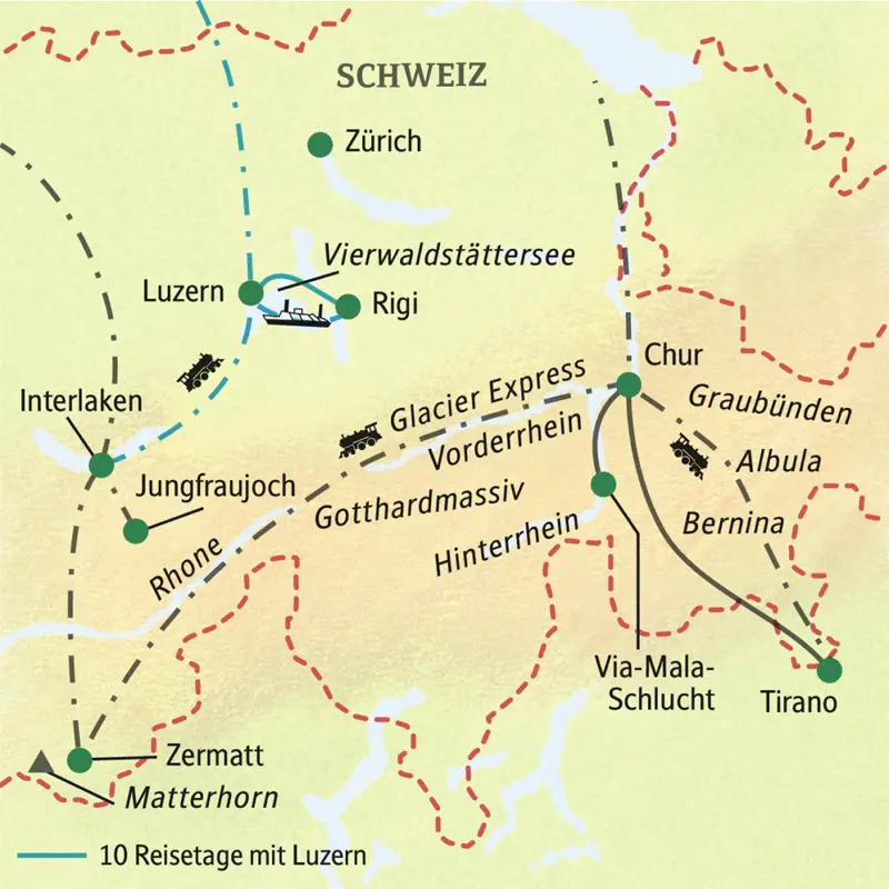 Wir durchreisen auf unserer Studienreise die Alpenrepublik per Bahn und verweilen in Chur, Zermatt und Interlaken. Auf Wunsch verlängern Sie in Luzern.