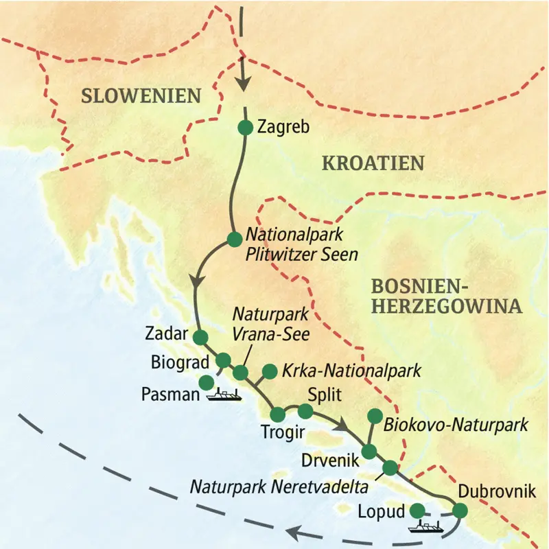 Unsere Wander-Studienreise durch Kroatien startet in Zagreb führt über die Plitwitzer Seen, Biograd, den Naturpark Vrana-See, den Krka-Nationalpark, über Trogir bis nach Dubrovnik.
