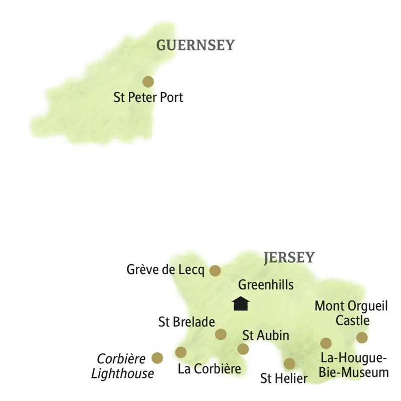 Vom Herzen der Insel aus, unserem Standort bei St Peter, erkunden wir die Insel Jersey, besuchen St Brelade, La Corbière, St Aubin und Mont Orgueil Castle. Mit der Fähre machen wir einen Ausflug zur Nachbarinsel Guernsey.