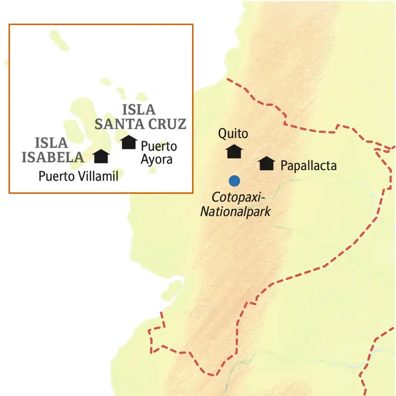 Unsere smart&small-Reise in kleiner Gruppe nach Ecuador und Galápagos beginnt in Quito, führt nach Papallacta, dann auf die Isla Isabella und die Isla Santa Cruz nach Puerto Ayora.