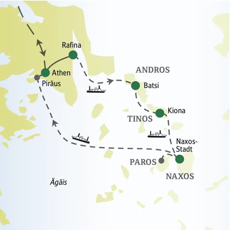 Unsere Reise zu Kykladen führt über Rafina, Andros, Tinos, Naxos und Athen.