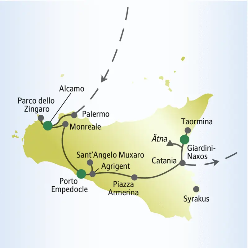 Unsere Rundreise für Singles und Alleinreisende durch Sizilien startet in Palermo und führt über Alcama, Monreale, Porto Empedocle, Taormina bis nach Catania. Sie erleben außerdem eine Fahrt auf den Ätna und den Naturpark dello Zingaro.