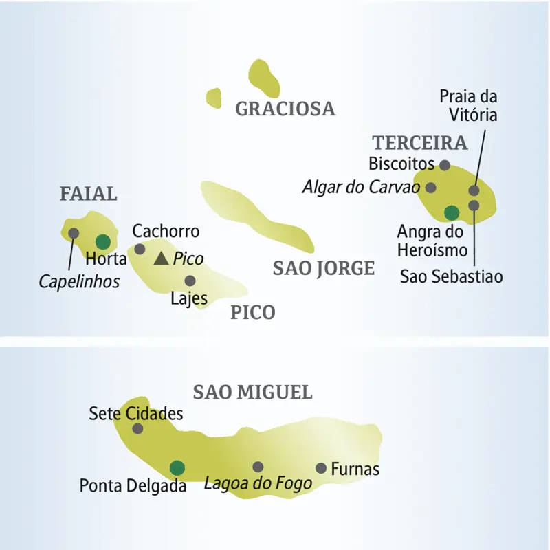 Unsere Reiseroute der Singlereise auf die Azoren startet auf Sao Miguel, führt nach Terceira, weiter nach Faial und zur Nachbarinsel Pico.