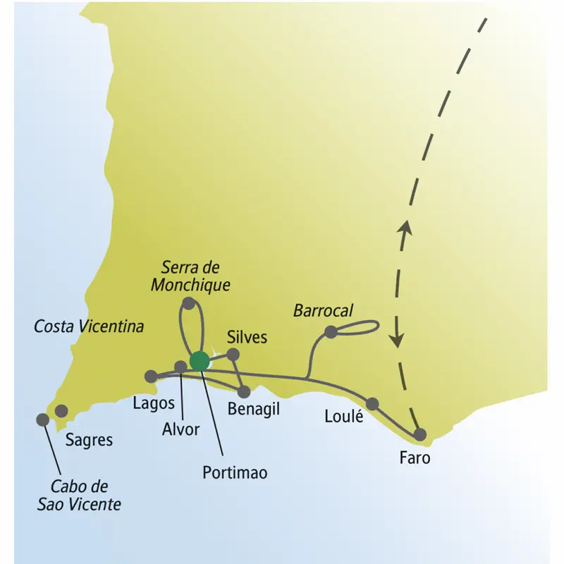 Auf unserer Wanderreise für Singles an die Algarve schlagen wir unser "Basislager" in Portimao auf und erkunden das Fischerdorf Benagil, Silvis und Lagos. Wir  fahren in die Serra de Monchique und zum Cabo de Sao Vicente.