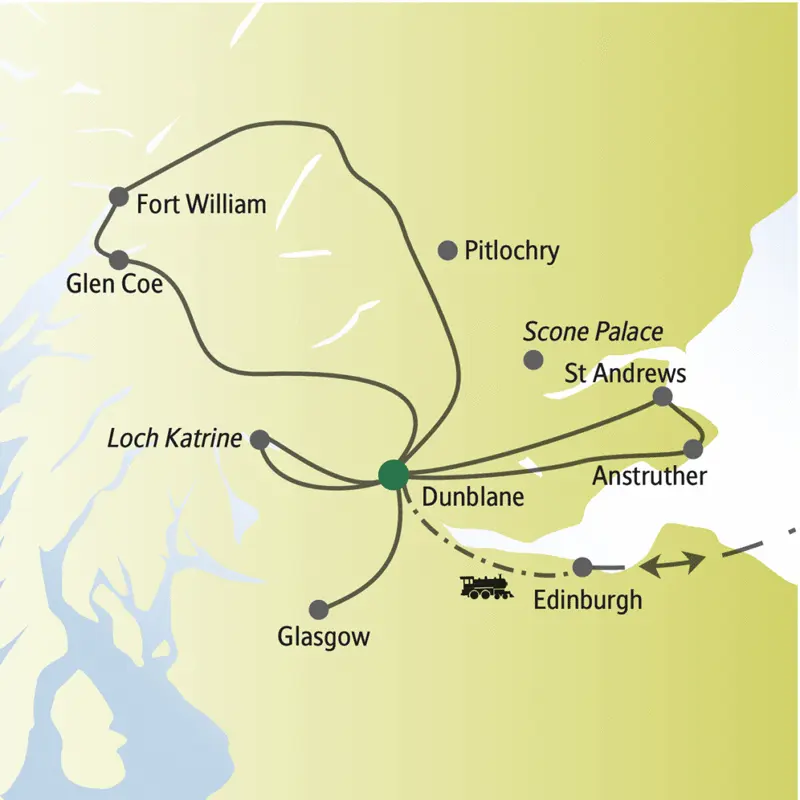 Unsere Rundreise für Singles und Alleinreisende durch Schottland startet in Edinburgh, führt uns nach Dunblane und von da aus u. a. nach Glen Coe, zum Loch Katrine, nach Pitlochry, Glasgow, St Andrews und zurück zum Ausgangspunkt.