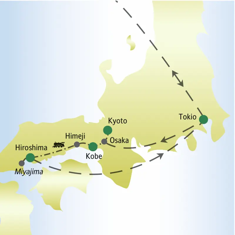 Unsere Rundreise durch Japan für Singles und Alleinreisende startet in Tokio und führt über Osaka, Kyoto, Himeji und Hiroshima, zurück in die Hauptstadt. Wir besuchen den Zen-Garten in Ryon und erkunden Kobe.